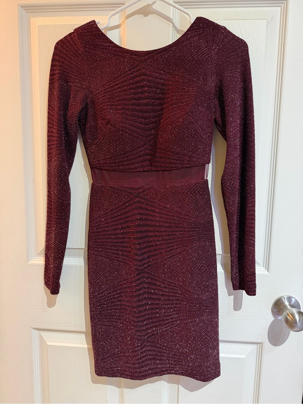 Women's Burgundy Long-Sleeve Sheer-Waist Bodycon Dress